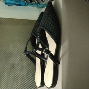 Black woven leather strappy flats